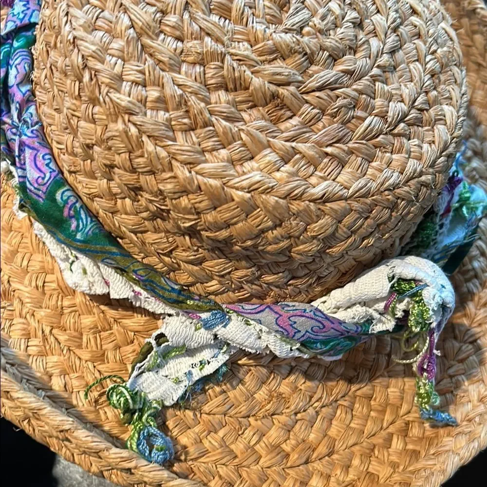 Hand Crafted head scarf hat band antique silk lace embroidered Multi floral